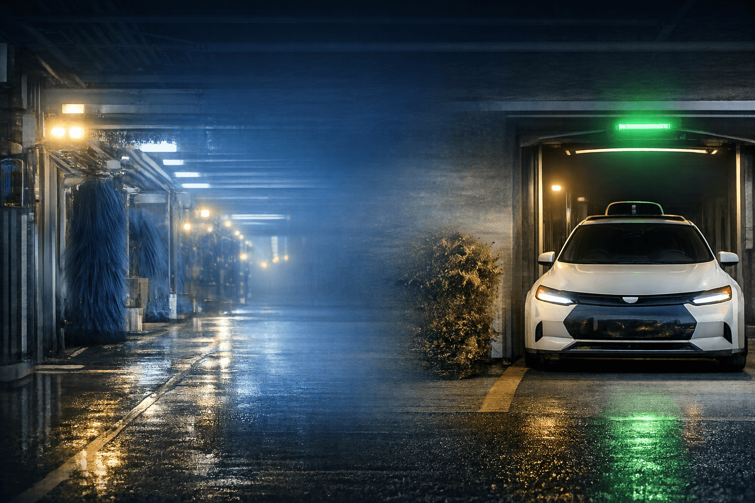Car wash tunnel on the left, robotaxi at entry with green light on the right